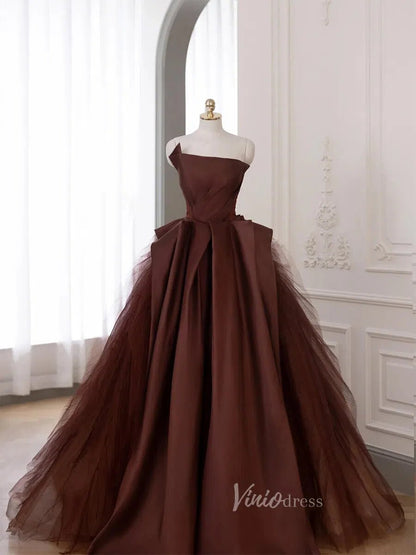 Brown Satin Prom Dresses, Strapless Pleated Tulle Ball Gown Corset Bac – Viniodress