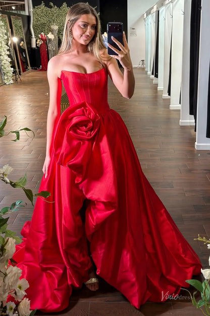 Bubble Skirt Satin Prom Dresses with Oversized Rosette Drape & Sculpted Corset Waist – AS079-Prom Dresses 2026-Viniodress-Red-Custom Size – Add Measurements at Cart-
