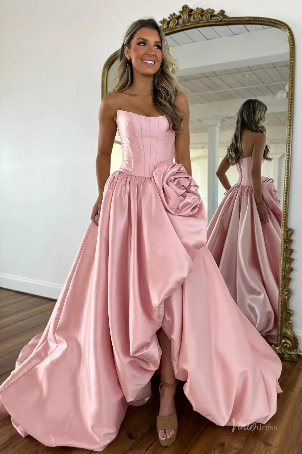 Bubble Skirt Satin Prom Dresses with Oversized Rosette Drape & Sculpted Corset Waist – AS079-Prom Dresses 2026-Viniodress-Red-Custom Size – Add Measurements at Cart-