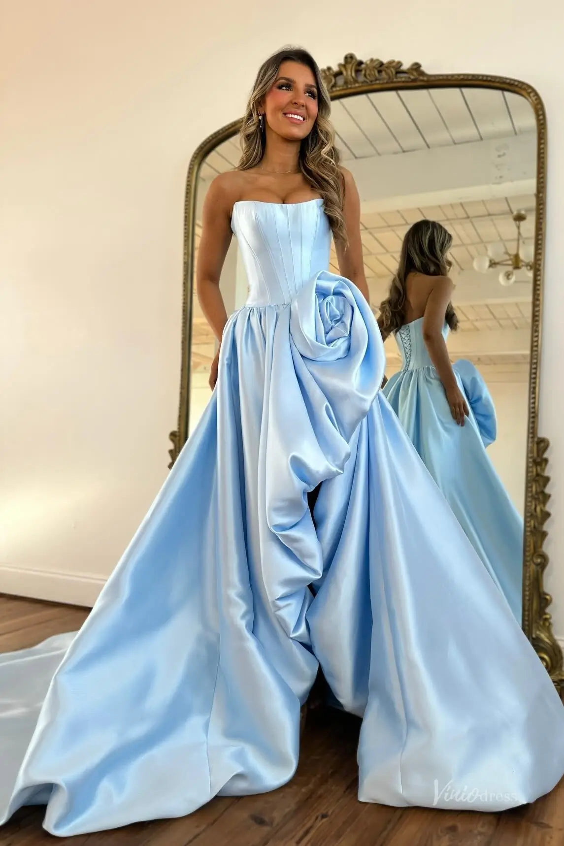 Bubble Skirt Satin Prom Dresses with Oversized Rosette Drape & Sculpted Corset Waist – AS079-Prom Dresses 2026-Viniodress-Red-Custom Size – Add Measurements at Cart-