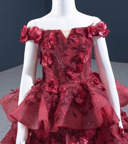 Burgundy 3D Flower Pageant Dress for Little Girls FD1479C-Pageant Dresses for Kids 2025 -Viniodress-Burgundy-CHILD 2-