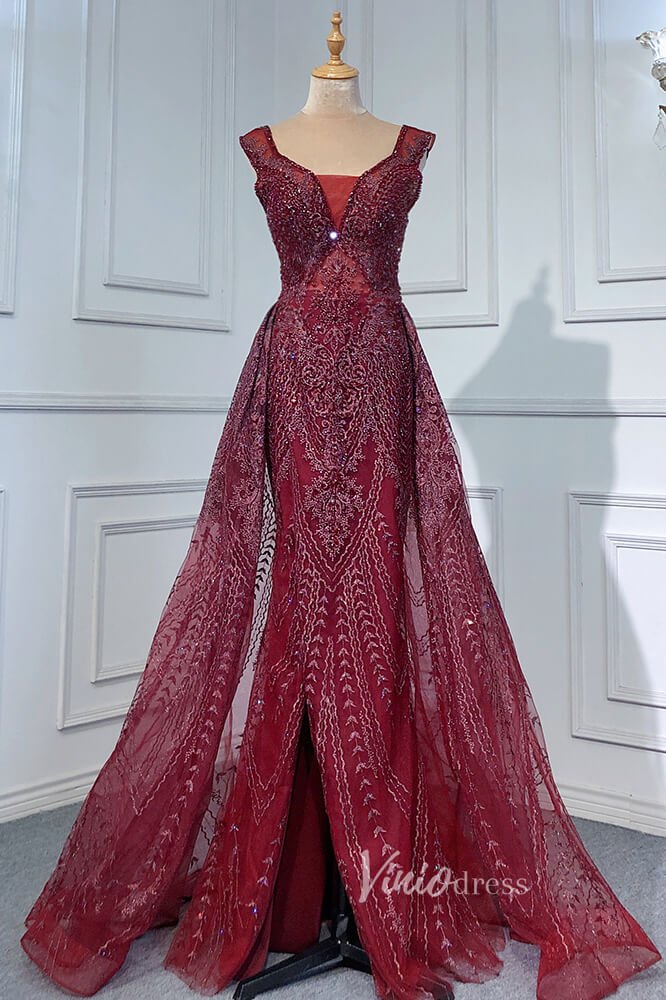 Burgundy Beaded Evening Dresses V-Neck Overskirt Pageant Dress FD3008-prom dresses 2025 -Viniodress-Burgundy-US 2-