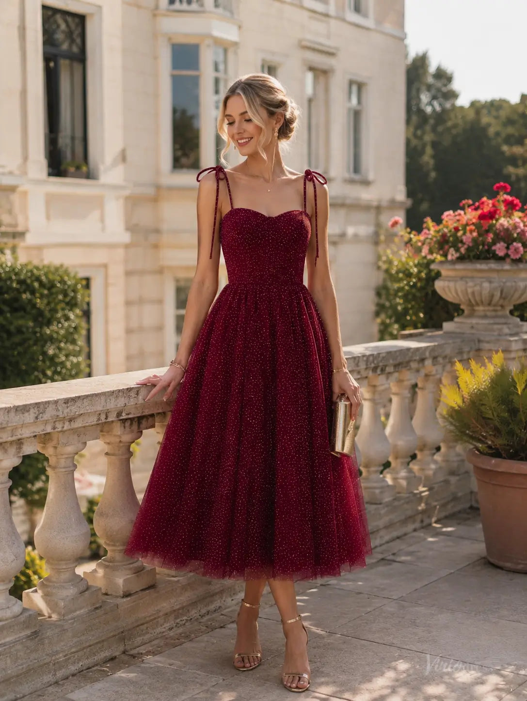 Burgundy tea-length prom dress in glitter tulle with a sweetheart neckline, corset bodice, and adjustable tie straps.