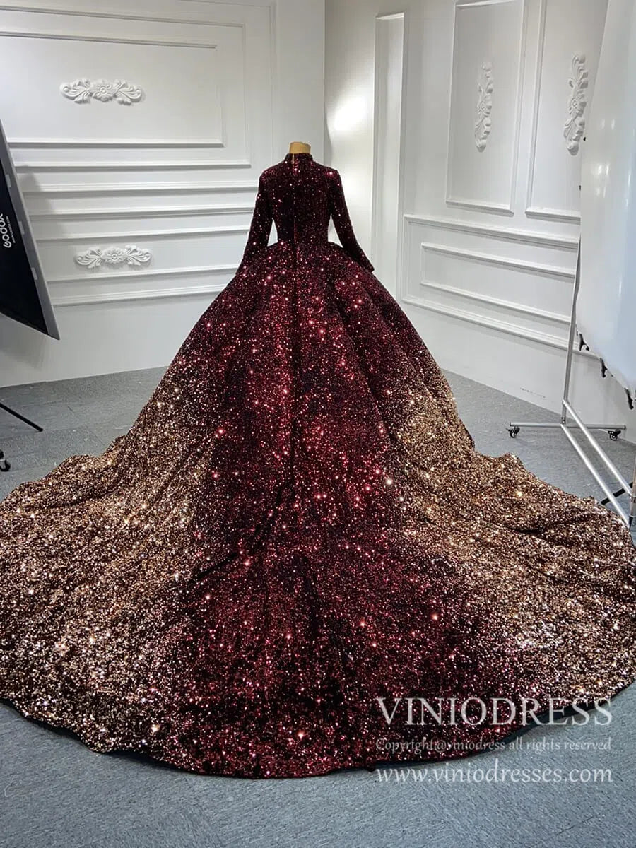Burgundy Gold Sequin Wedding Dresses 66991 High Neck, Long Tail – Viniodress