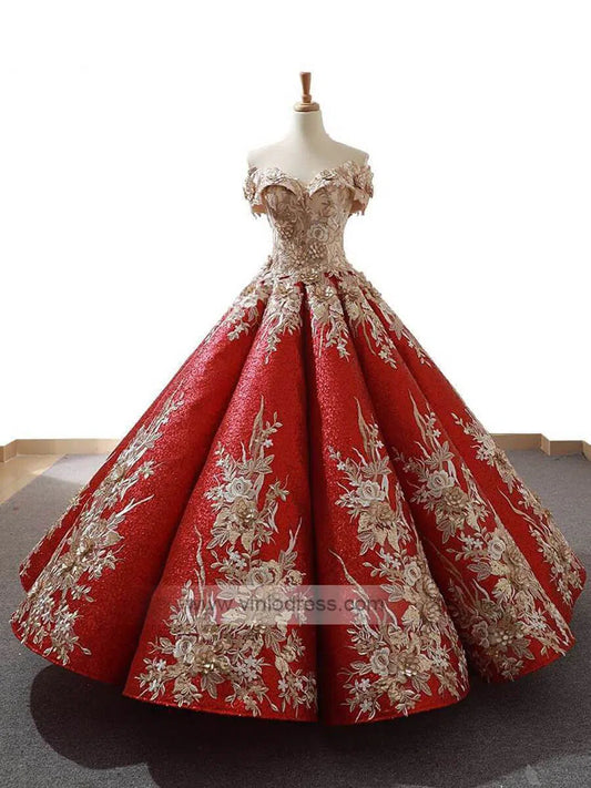 Burgundy & Gold Vintage Princess Ball Gowns Sparkly Long Prom Dresses FD1109 viniodress-prom dresses 2025 -Viniodress-Red-Custom Size-