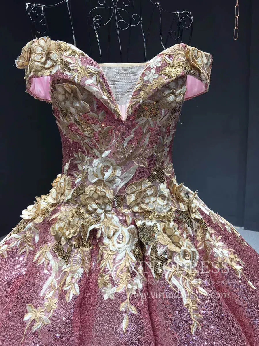 Burgundy & Gold Vintage Princess Ball Gowns Sparkly Long Prom Dresses FD1109 viniodress-prom dresses 2025 -Viniodress-Burgundy-Custom Size-