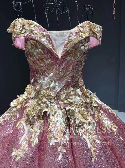 Burgundy & Gold Vintage Princess Ball Gowns Sparkly Long Prom Dresses FD1109 viniodress-prom dresses 2025 -Viniodress-Burgundy-Custom Size-