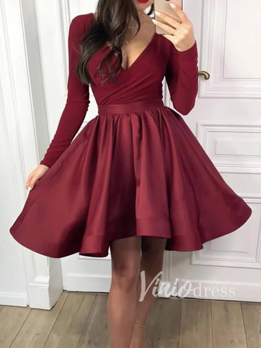 Burgundy Long Sleeve Homecoming Dresses V Neck SD1114-homecoming dresses-Viniodress-Burgundy-Custom Size-Viniodress