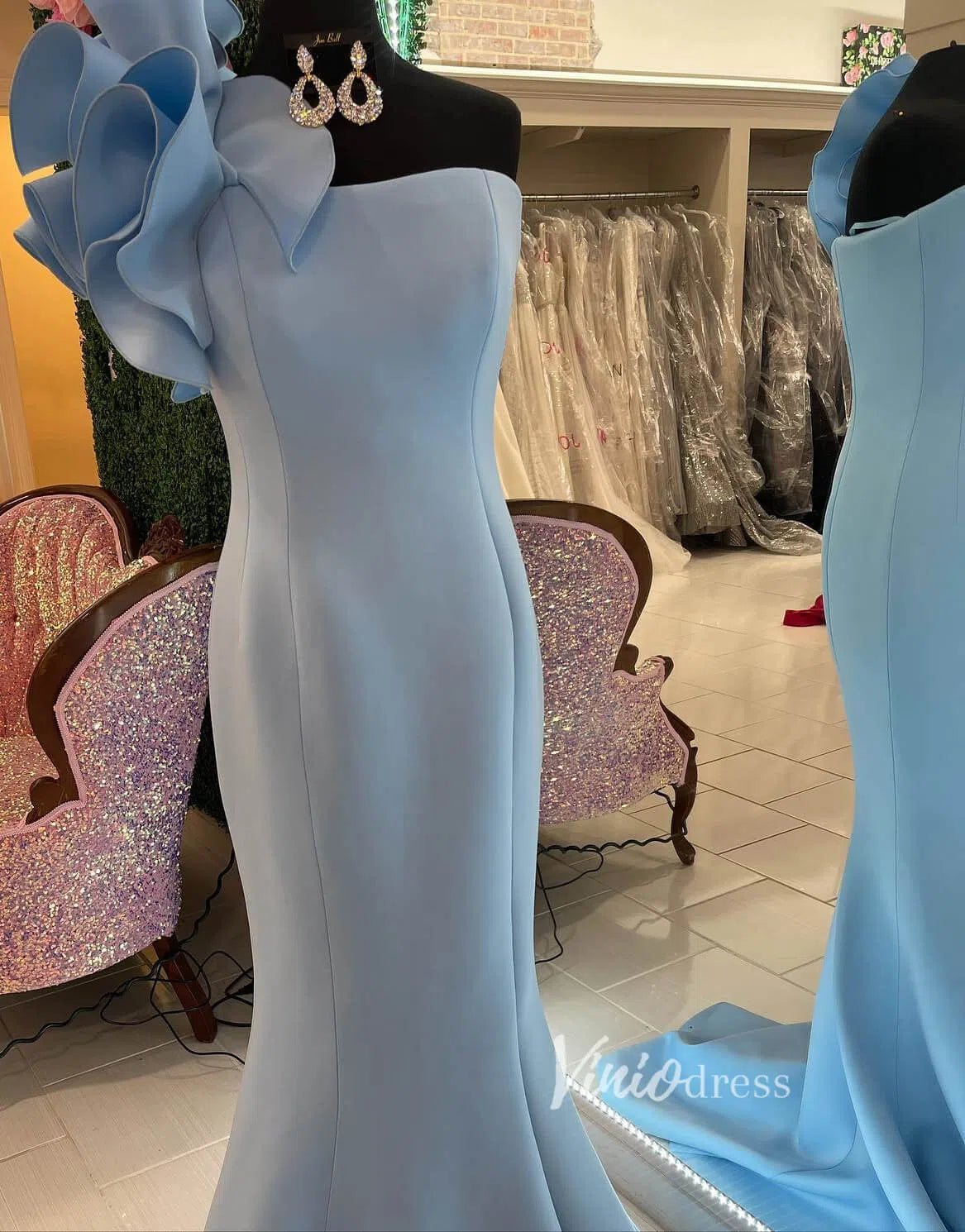Burgundy Mermaid Prom Dresses One Shoulder Bridesmaid Dresses VB1021-prom dresses 2025 -Viniodress-Light Blue-Custom Size-