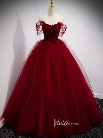 Burgundy Off the Shoulder Prom Dresses Pleated Evening Dress FD3176-prom dresses 2025 -Viniodress-Burgundy-Custom Size-