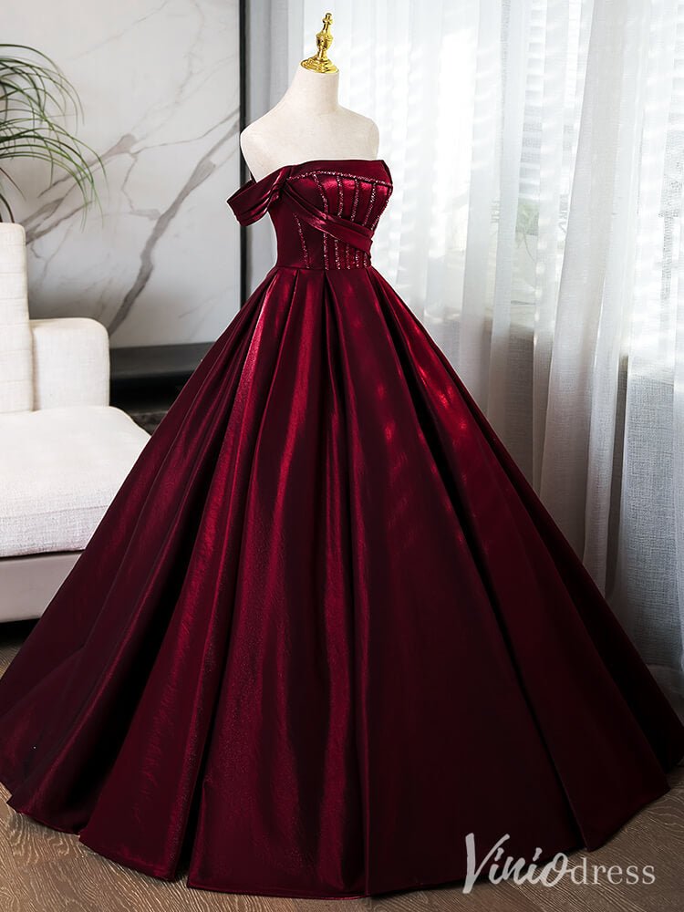 Burgundy Off the Shoulder Prom Dresses Shiny Satin Ball Gown AD1357 – Viniodress