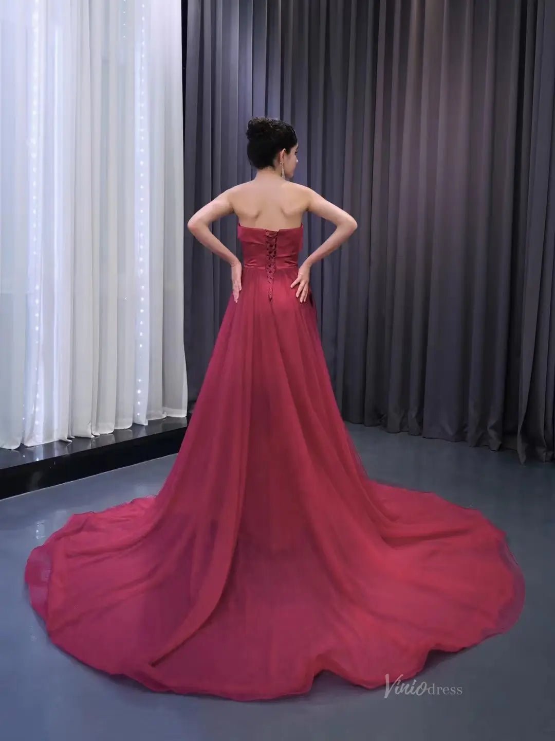 Burgundy Overskirt Prom Dresses Strapless Rosette Pageant Gown 231020-prom dresses 2025 -Viniodress-Burgundy-Custom Size-