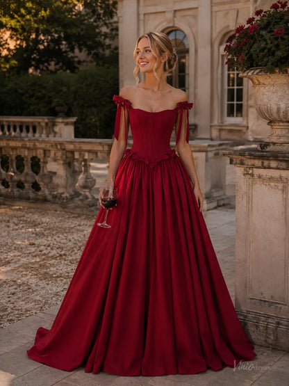 Burgundy satin ball gown with a corset bodice, basque waist, and off-the-shoulder bow straps for a formal prom look.