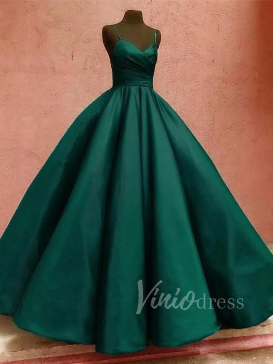 Burgundy Satin Ball Gown Prom Dresses with Straps FD1112-prom dresses-Viniodress-Emerald Green-Custom Size-Viniodress