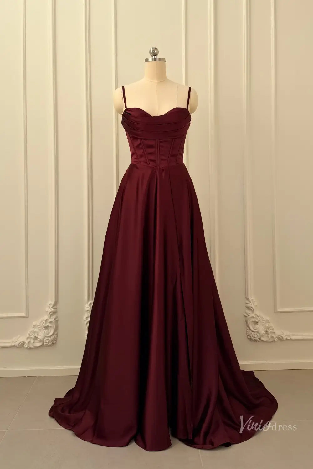 Burgundy Satin Prom Dress with Corset Bodice, High Slit & Sweetheart Neckline – AS017 – Viniodress