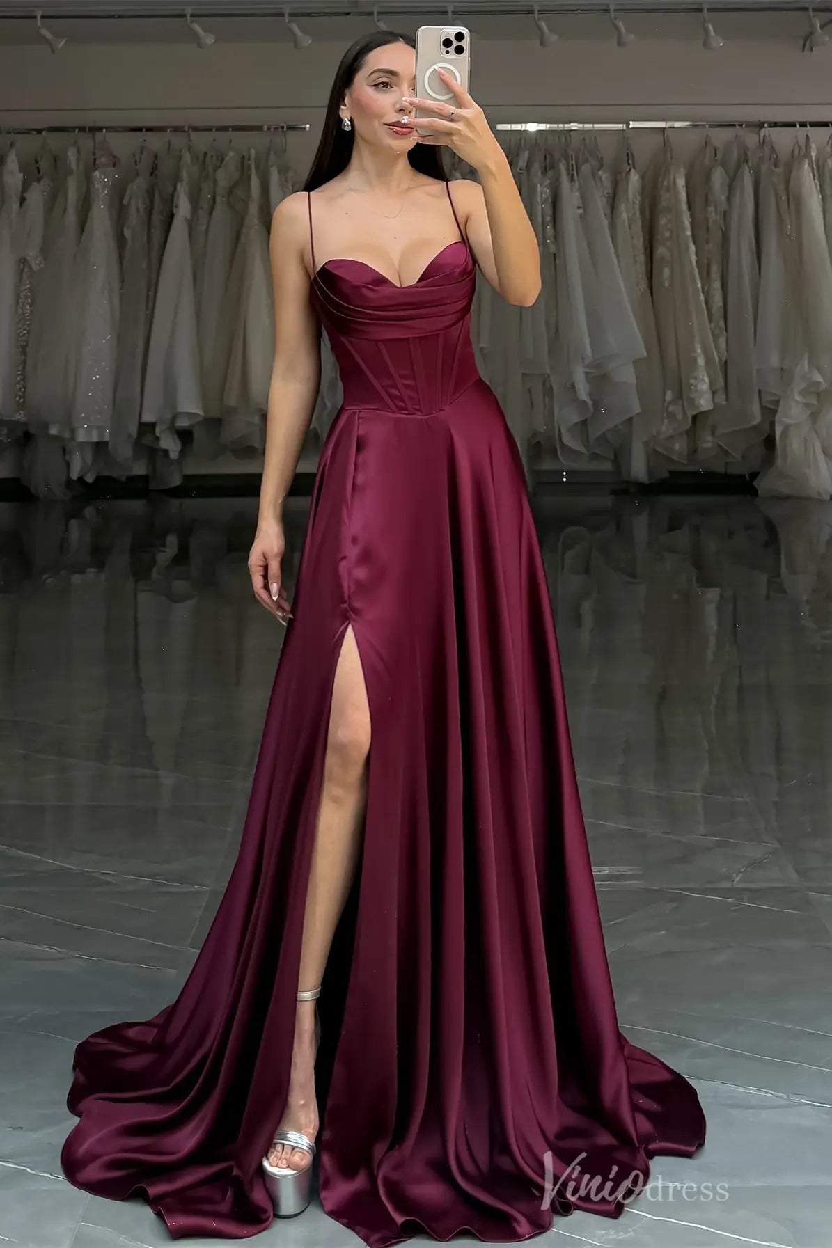 Burgundy Satin Prom Dress with Corset Bodice, High Slit & Sweetheart Neckline – AS017 – Viniodress