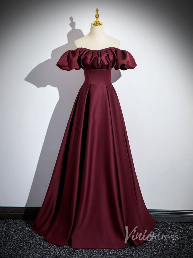 Burgundy Satin Puffed Sleeve Prom Dresses Off the Shoulder Formal Gown – Viniodress