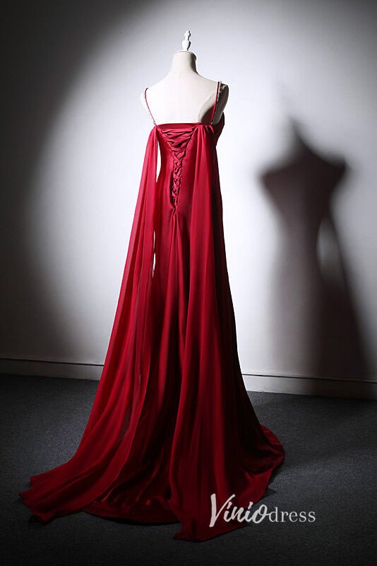 Burgundy Satin Sheath Prom Dresses with Spaghetti Strap AD1019-prom dresses 2025 -Viniodress-Burgundy-Custom Size-