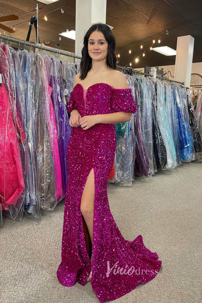 Burgundy Sequin Prom Dresses With Slit Mermaid Off the Shoulder Evening Dress FD3130-prom dresses 2025 -Viniodress-Red-Custom Size-