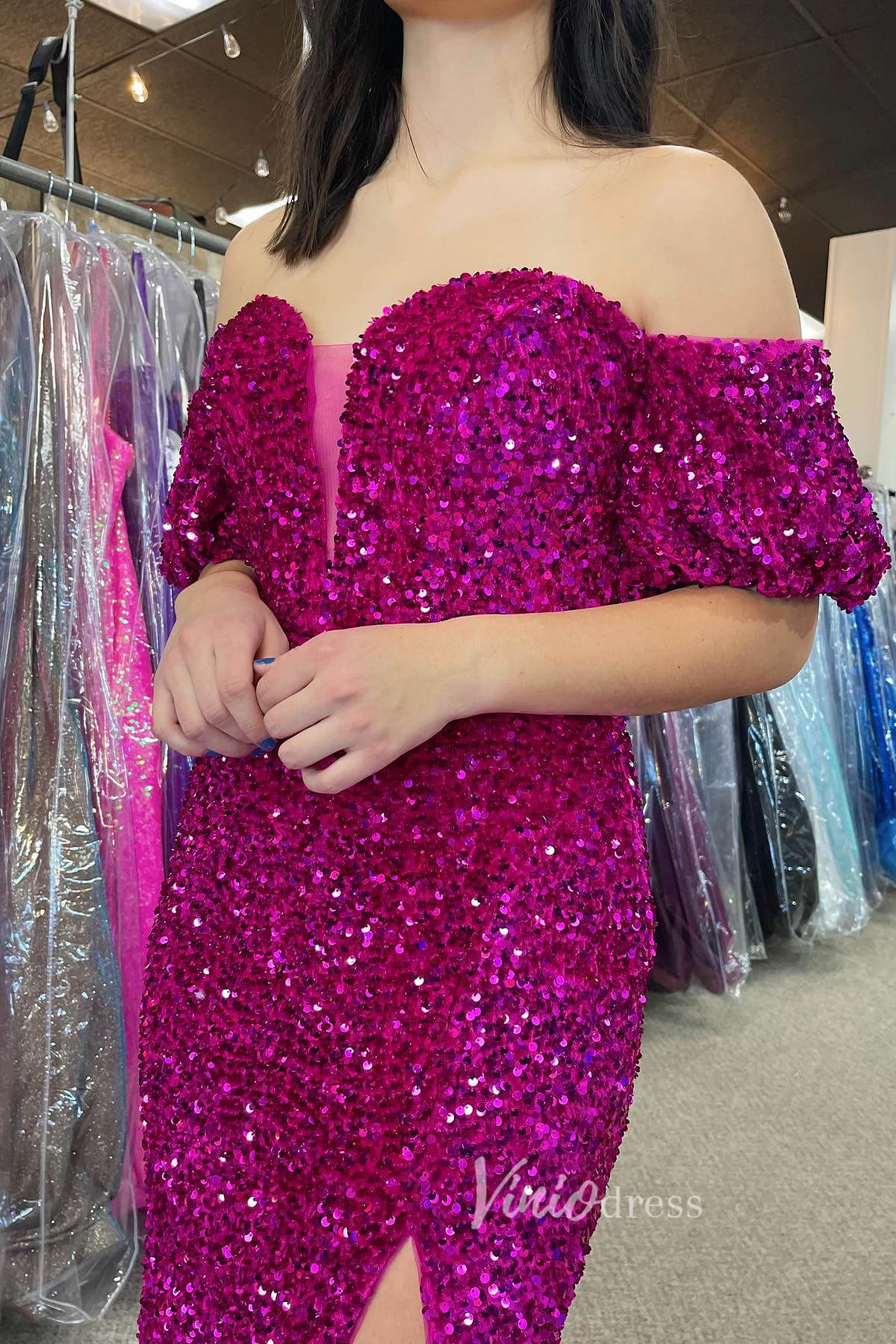 Burgundy Sequin Prom Dresses With Slit Mermaid Off the Shoulder Evening Dress FD3130-prom dresses 2025 -Viniodress-Red-Custom Size-
