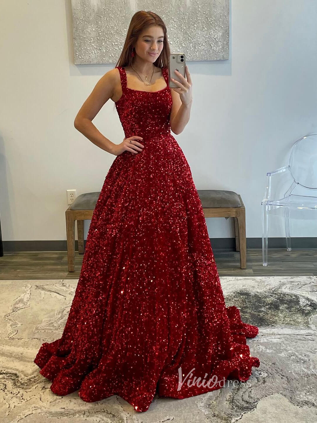 Burgundy Sequin Prom Dresses with Pockets Wide Strap Evening Gown FD3575