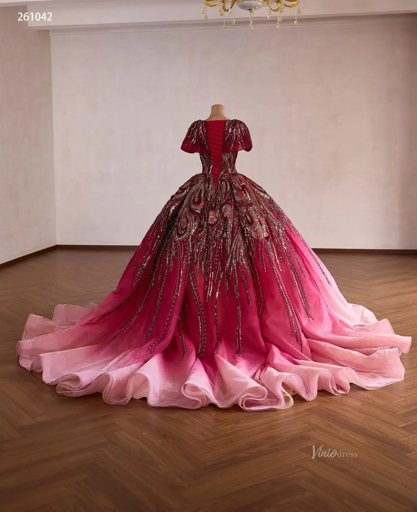 Burgundy Sequin Quinceanera Dress with Ombre Pink Ball Gown Skirt and Cape Sleeves