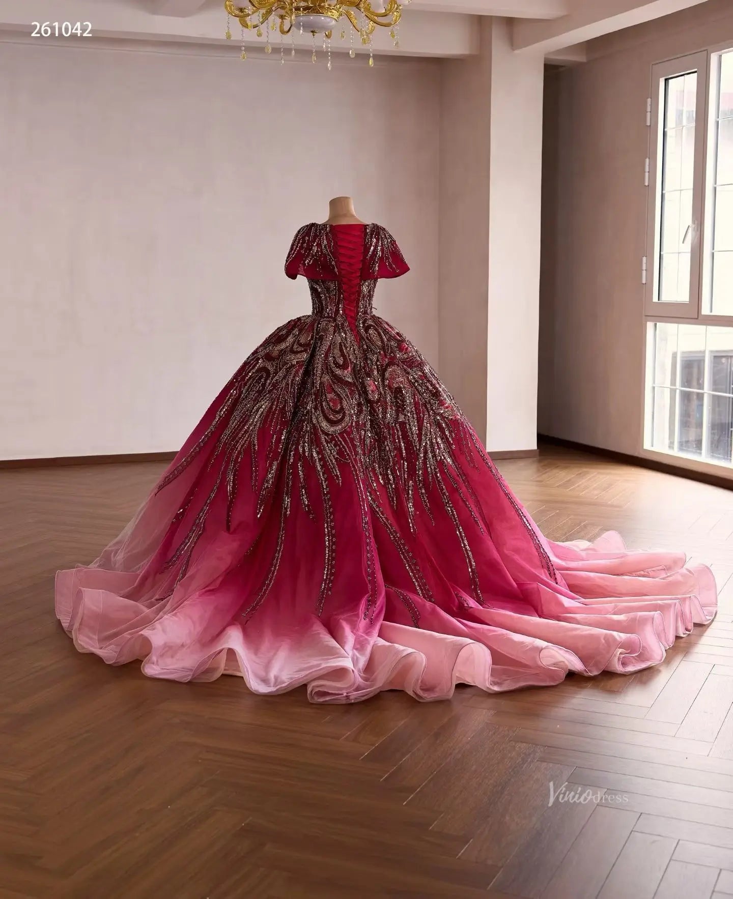 Burgundy Sequin Quinceanera Dress Ombre Pink Ball Gown – Viniodress
