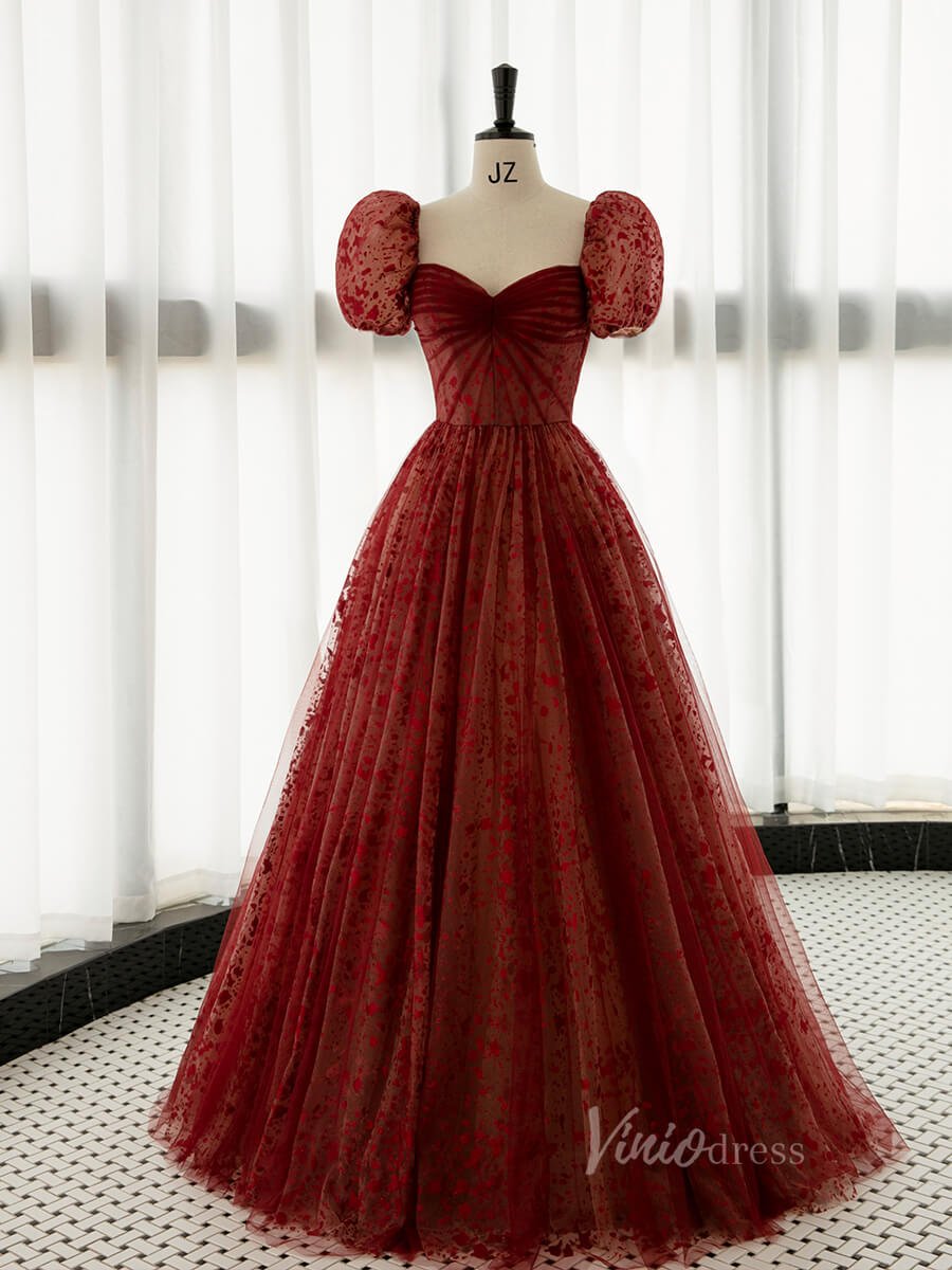 Burgundy Shimmering Tulle Prom Dresses Off the Shoulder Formal Dress A – Viniodress