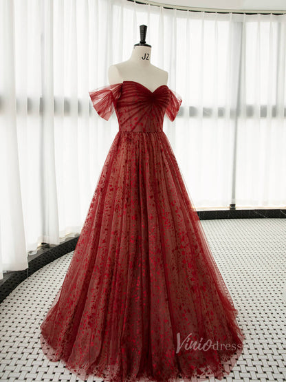 Burgundy Shimmering Tulle Prom Dresses Off the Shoulder Formal Dress AD1075-prom dresses 2025 -Viniodress-Burgundy-Custom Size-