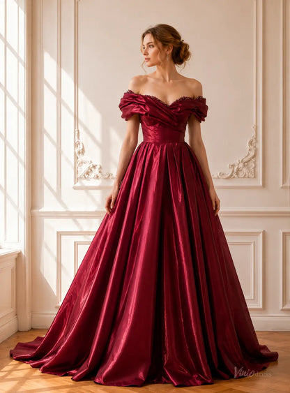 Burgundy off-shoulder satin ball gown with a draped bodice, beaded neckline, and a voluminous pleated floor-length skirt.