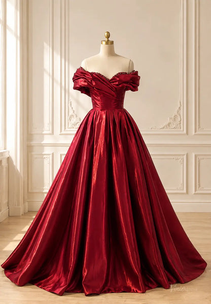 Burgundy satin ball gown with off-shoulder draped bodice and beaded neckline on a mannequin.