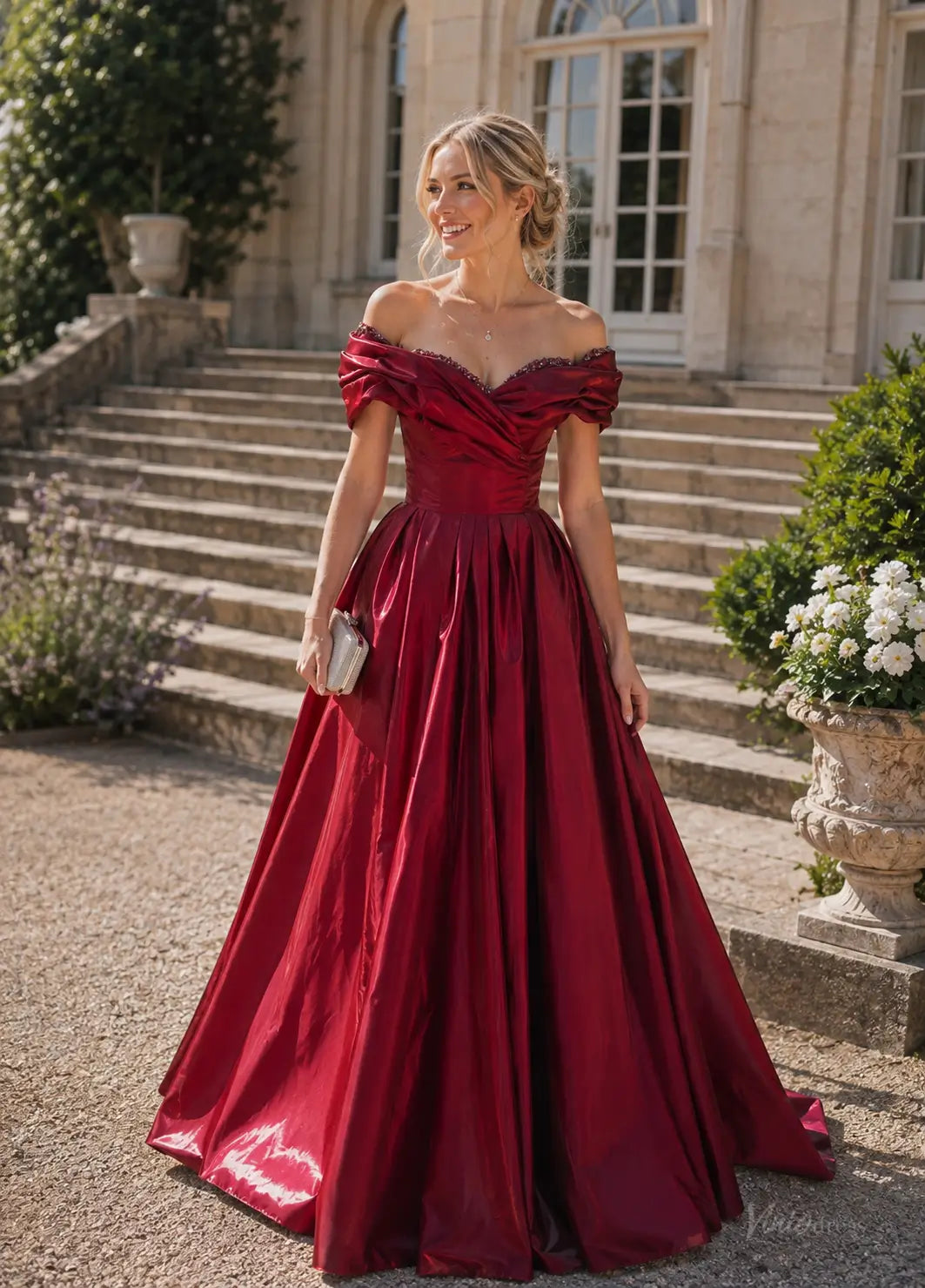 Burgundy satin ball gown with off-shoulder draped bodice, beaded neckline, and pleated floor-length skirt.