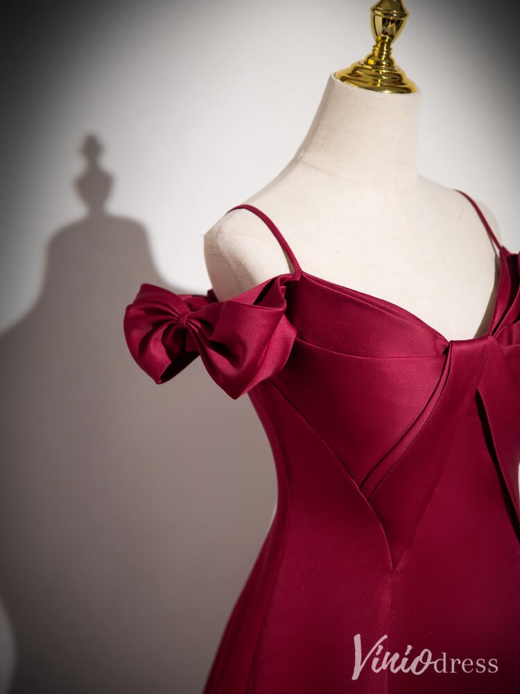 Burgundy Spaghetti Strap Satin Prom Dresses Puffed Sleeve Formal Dress AD1350-prom dresses 2025 -Viniodress-Burgundy-Custom Size-