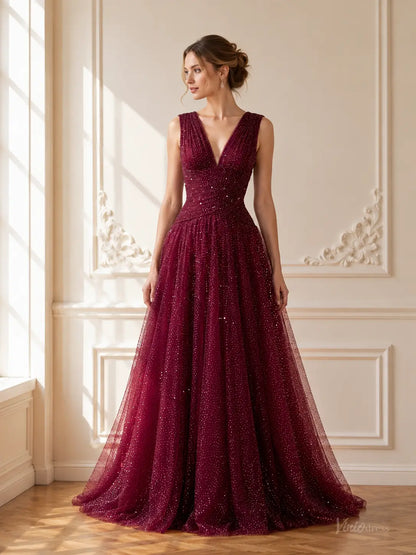 Burgundy sparkly tulle A-line prom dress with a deep V-neck, ruched bodice, and floor-length flowing skirt.