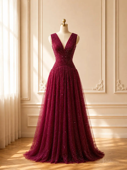 Burgundy sparkly tulle A-line prom dress with a deep V-neck, ruched bodice, and floor-length flowing skirt on a mannequin.