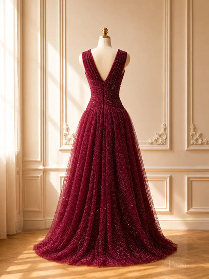 Back view of a burgundy sparkly tulle A-line prom dress with a deep V-back, ruched bodice, and floor-length flowing skirt.