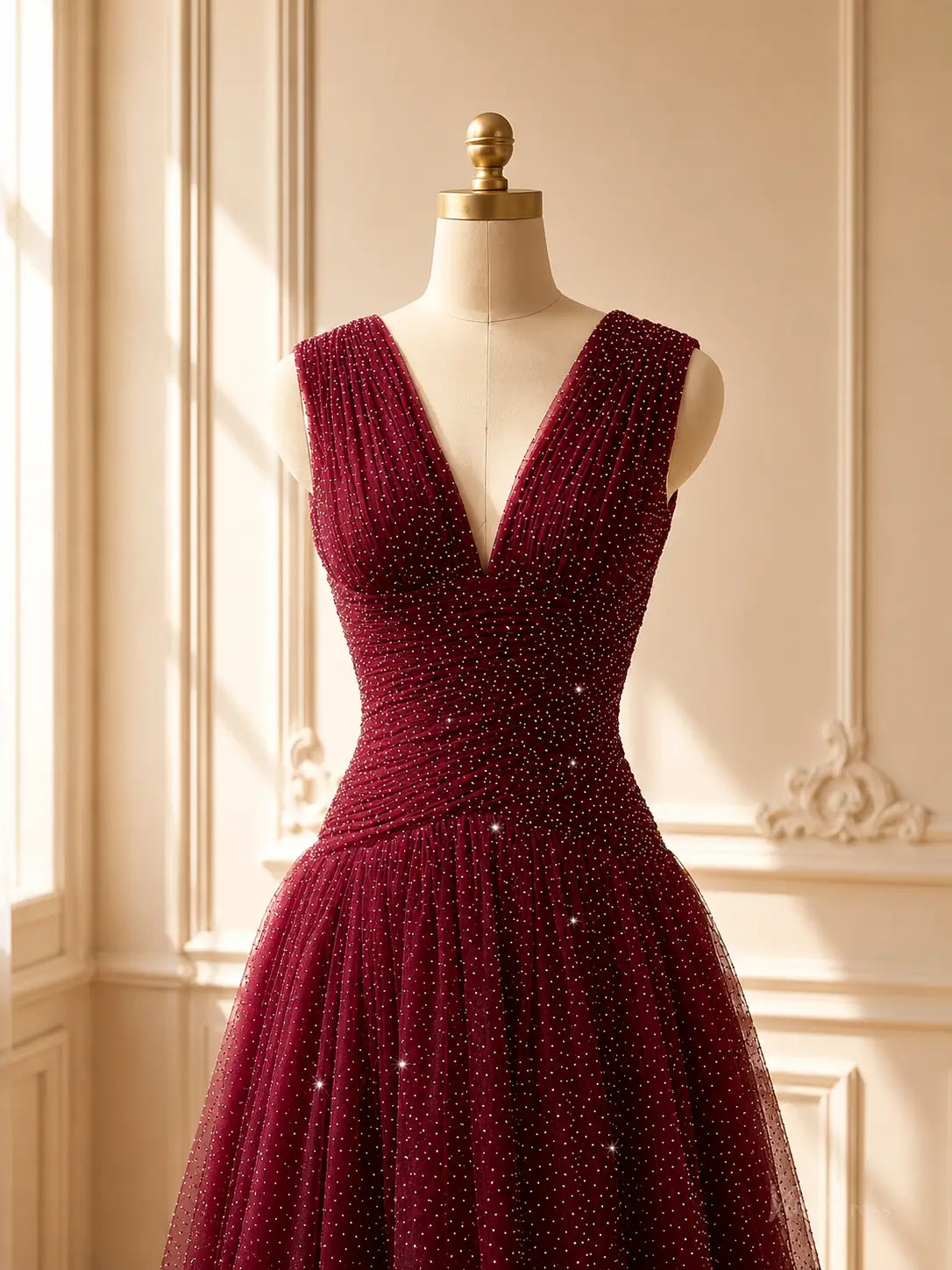 Burgundy sparkly tulle A-line prom dress with a deep V-neck, sleeveless ruched bodice, and floor-length flowing skirt.