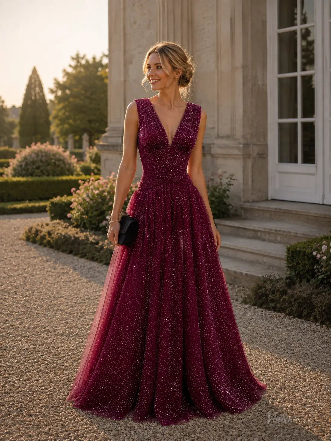 Burgundy sparkly tulle A-line prom dress with a deep V-neck, ruched bodice, and floor-length flowing skirt.