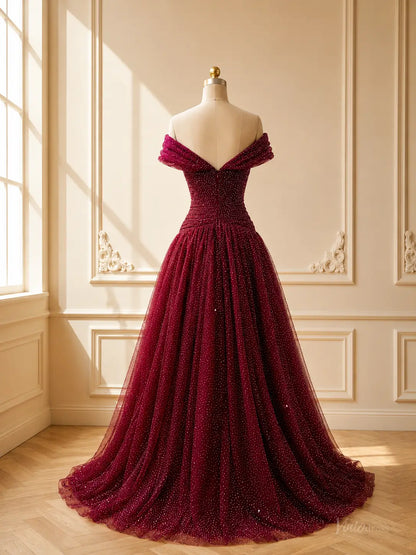 Burgundy sparkly tulle ball gown with off-shoulder sweetheart neckline and V-back on a mannequin.