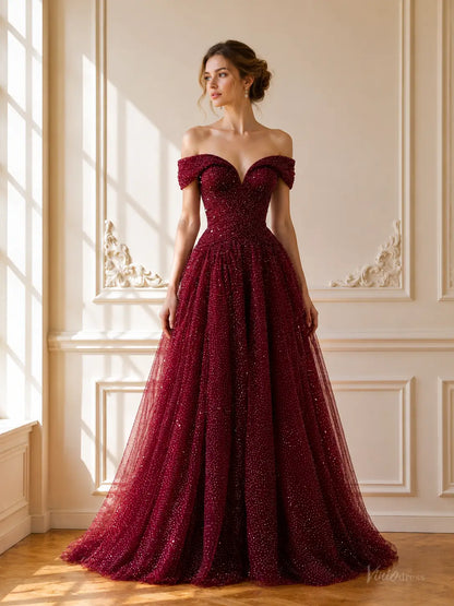 Burgundy sparkly tulle ball gown with an off-shoulder sweetheart neckline and a voluminous floor-length skirt.