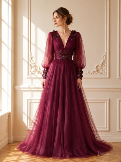 Burgundy tulle A-line prom dress with deep V-neck, sheer bishop sleeves, and intricate floral lace appliqués.