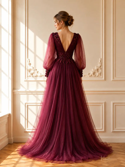 Burgundy tulle A-line prom dress with deep V-back, sheer bishop sleeves, and floral lace appliqués.
