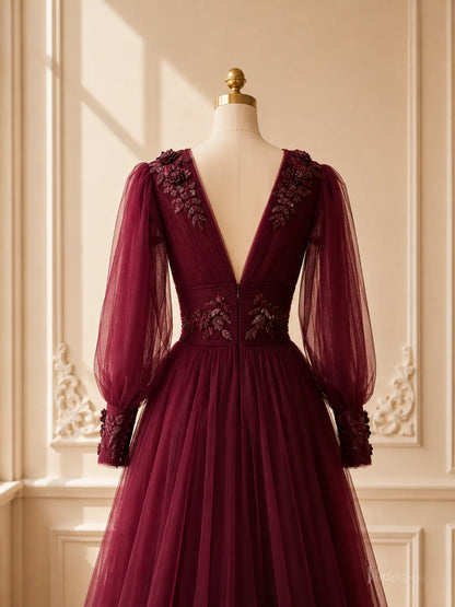 Burgundy tulle A-line prom dress with deep V-back, sheer bishop sleeves, and intricate floral lace appliqué details.
