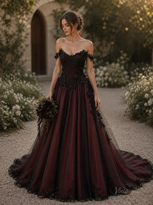 Off-the-shoulder ball gown in deep burgundy and black tulle with intricate lace appliqué and a full, flowing skirt.