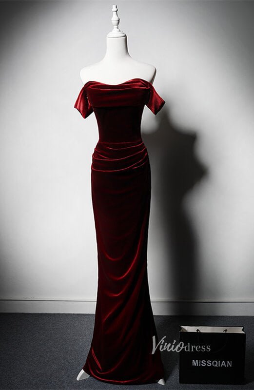 Burgundy Velvet Mermaid Prom Dresses Off the Shoulder Evening Dress AD1223-prom dresses 2025 -Viniodress-Burgundy-Custom Size-