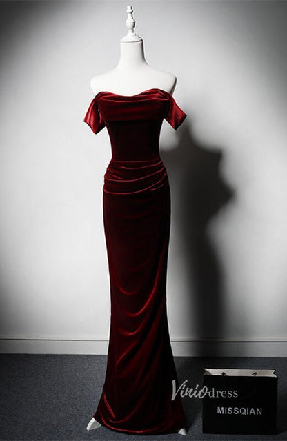 Burgundy Velvet Mermaid Prom Dresses Off the Shoulder Evening Dress AD1223-prom dresses 2025 -Viniodress-Burgundy-Custom Size-