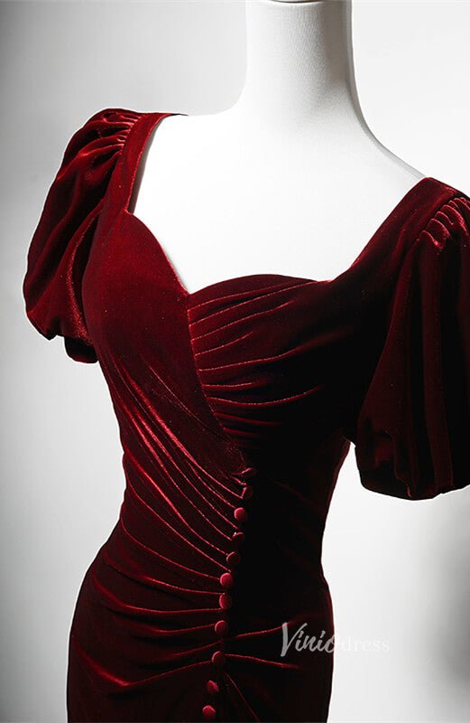 Burgundy Velvet Mermaid Prom Dresses with Slit Puffed Sleeve Evening Dress AD1204-prom dresses 2025 -Viniodress-Burgundy-Custom Size-