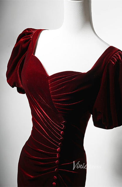 Burgundy Velvet Mermaid Prom Dresses with Slit Puffed Sleeve Evening Dress AD1204-prom dresses 2025 -Viniodress-Burgundy-Custom Size-