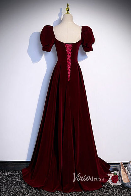 Burgundy Velvet Prom Dresses Puffed Sleeve Formal Dress AD1027-prom dresses 2025 -Viniodress-Burgundy-Custom Size-