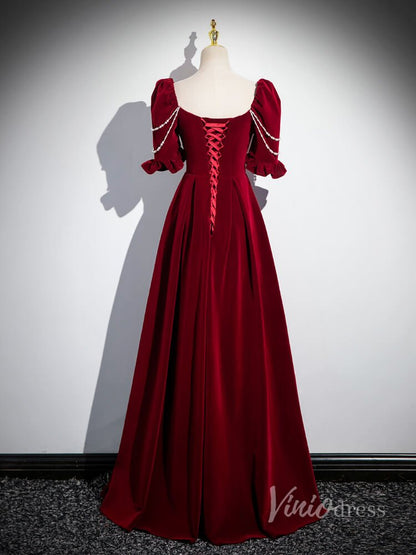 Burgundy Velvet Puffed Sleeve Prom Dresses Pearl String Square Neck 90036-prom dresses 2025 -Viniodress-Burgundy-Custom Size-